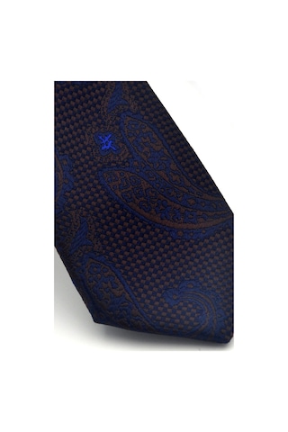 Gaffy Lacivert Kahverengi Şal Desenli Dokuma Kumaş Mendilli Slim Fit Kravat // Sdk-2604-2 Lacivert
