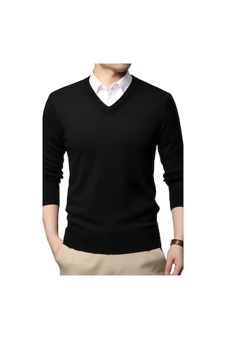Tezzgelsin 3'lü Erkek V Yaka Uzun Kol Triko Tüylenmez Süveter Erkek Slim Fit Süveter Siyah - Gri - Füme