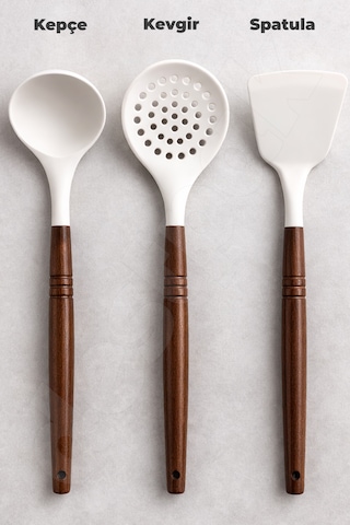 3 Parça Silikon Servis Seti - Akasya Saplı Kevgir, Kepçe Ve Spatula - Yanmaz Yapışmaz Set Ahşap - Beyaz
