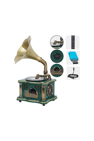 Midex Gr-26grn Fm Radyolu Nostaljik Gramofon Görünümlü Müzik Kutusu Bluetooth Hoparlör
