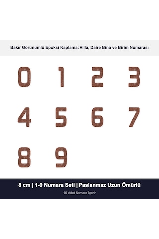 8 Cm Boyutunda 0-9 Arası 10 Adet Bakır Eskitme Görünümlü Kendinden Yapışkanlı Villa Daire Birim Numarası Seti 8 Cm Boyutunda 0-9 Arası 10 Adet Bakır Eskitme Görünümlü Kendinden Yapışkanlı Villa Daire Birim Numarası Seti