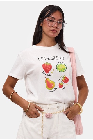 it's basic Kadın Beyaz Meyve Baskılı Bol Kesim Tasarım T-shirt