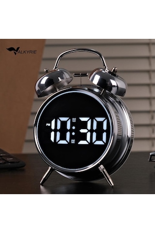 Valkyrie Led Ekranlı Analog Alarmlı Masa Saati Çalar Saat Pil Dereceli Çift Alarmlı Dijital Saat Gümüş
