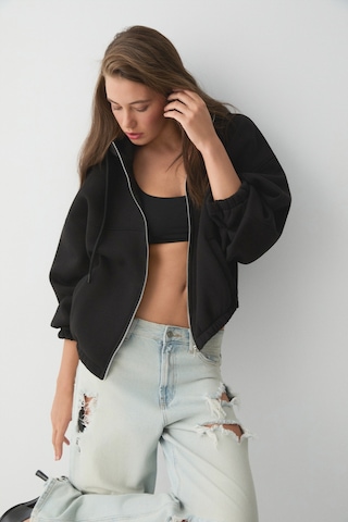 ETHIQUET VA IT Kadın Çift Cepli Eteği Ve Kol Ucu astikli Fermuarlı Oversize Siyah Sweatshirt