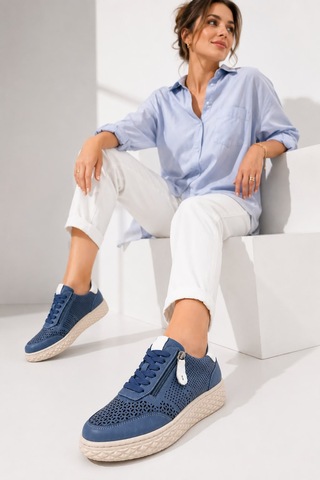 Papucumun Dünyası Kadın Hakiki Deri Nefes Alan Ortopedik Konfor Yan Fermuar Detaylı Sneaker Mavi