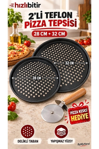 Bymyhand Teflon Kaplama Siyah Yanmaz Yapışmaz Pizza Tepsisi 2'li Set 28 32 Cm Pizza Kesici Hediyeli