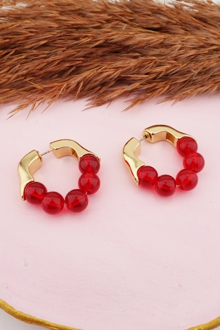 Kadın Kararmaz Altın Kaplama Boncuk Detaylı Çift Küpe M-Kırmızı Altın