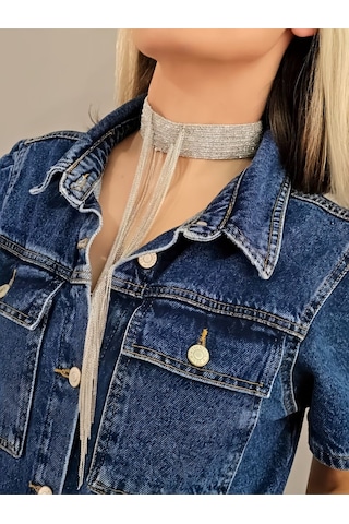 15 Sıralı Zincir V Model Dokuma Sallantılı Vücut Tasma Choker El Yapımı Gümüş Renk Kolye Silver