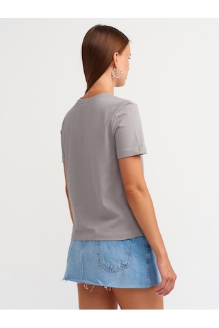 Dilvin Pamuklu Bisiklet Yaka T-shirt Gri