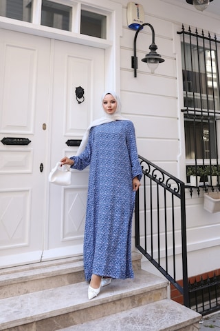 Nevayla Moda Çiçek Desenli Viskon Elbise - Mavi / E0128 Mavi