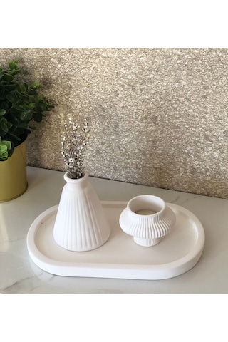 Thiramis Homeconcept Beyaz Tepsi Mini Vazo & Tealight 3lü Set