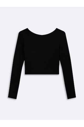 LTB Uzun Kollu Bisiklet Yaka Crop Siyah Sweatshırt
