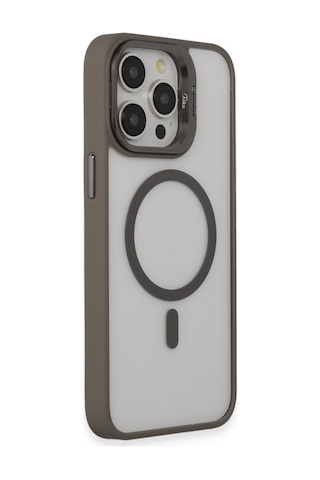 Apple Uyumlu iPhone 15 Pro Kılıf Ve Lens Magsafe Standlı Kamera Camlı Kapak Gri