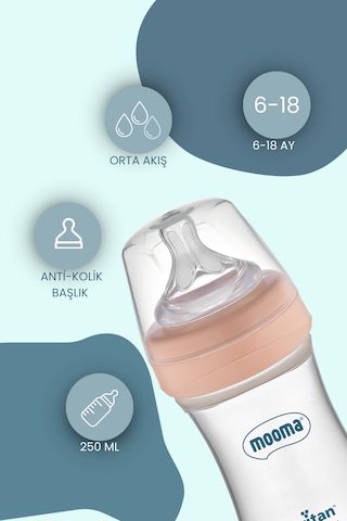 Mooma Neutra Antikolik Tritan Biberon 250 Ml 6-18 Ay Orta Akış Mercan Pembe