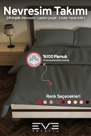 Eve Tekstil %100 Pamuk Ranforce Çarşaflı Yastık Ve Yorgan Kılıflı Çift Kişilik Nevresim Takımı 200x220 Cm Koyu Gri