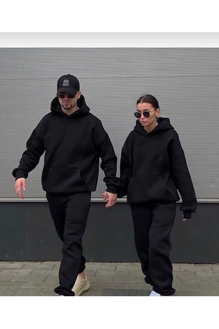Nzn Collectıon Unisex Kadın Erkek Sevgili Çift Kombini Basic Düz Kapüşonlu 2'li Alt-üst Eşofman Takımı Siyah