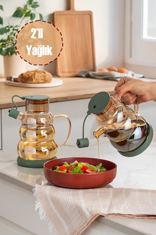 Porsima 3617 Kapaklı Borosilikat Cam 2li Yağlık Sirkelik Seti Yağdanlık Takımı 1000ml Yeşil Yeşil