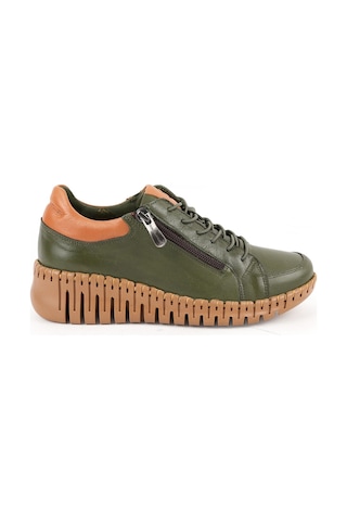 Mamma Mia Kadın Günlük Ayakkabı Hakiki Deri Kalın Dişli Taban Yandan Fermuarlı Bağcıklı Sneaker 26y-7755 Haki-taba