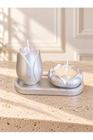 Altın Renk Lale Ve Lotus Çiçeği Mumluk Seti, 2 Li Dekoratif Polyester Mumluk Ve Oval Tepsi Gümüş