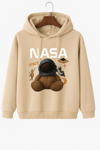 Kokina 3 İplik Penye Unisex Nasa Ayıcık Baskılı Kapüşonlu Sweatshirt Bej