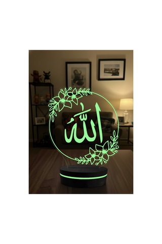 Allah Ve Vav Temalı 3d Dekoratif Led Gece Lambası - Çiçekli Modern Hat Sanatı - İslami Hediye