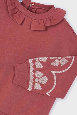 Kız Çocuk Fırfır Yaka Kolları Nakışlı Sweatshirt - Gül Kurusu KREM