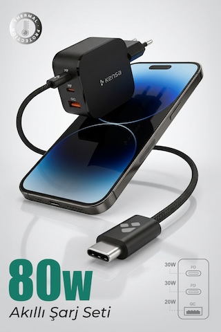 80w Çift Portlu Usb-c Girişli Akıllı Hızlı Şarj Adaptör Kablo Seti - Pd Ve Qc Destekli