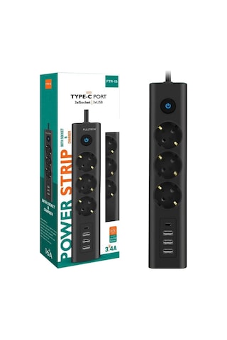 Akım Korumalı Priz 3'lü Priz 3x Usb Girişi 1x Type-c Girişi 2mt Kablo Grup Priz Ftr-13 1.9 M