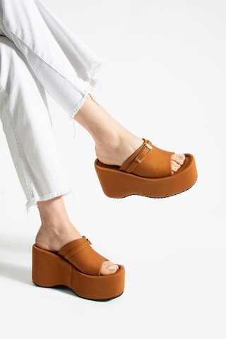Dabab Shoes Lunara Kadın Taba 10 Cm Platform Topuk Tokalı Kalın Taban Terlik Sandalet