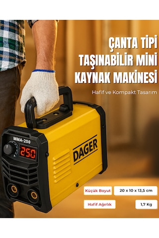 Dager MMA250 250 Amper Inverter Mini Çanta Kaynak Makinesi Seti | IGBT | Dijital Ekran | Elektrod + Maske + Eldiven