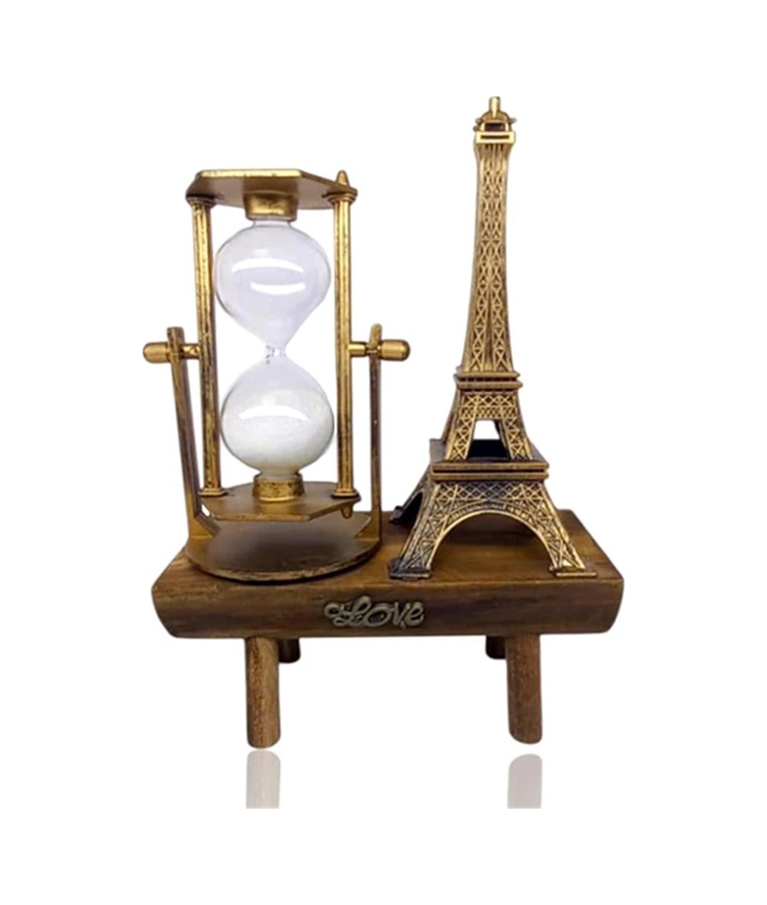 Dekoratif Eyfel Kulesi Tasarımlı Kum Saatli Ahşap Altlıklı Masa Süsü Altın Renk