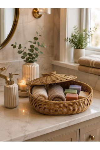 Morponi Kapaklı Oval Bambu Masaüstü Organizer - Banyo Ve Ev Düzenleyici Hasır Kutusu Cos-9217 Sarı