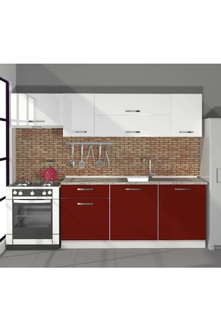 Decoraktiv Ekol 240 Mdf Hazır Mutfak Dolabı - Tezgah Dahil - Bordo Beyaz Beyaz - Kırmızı