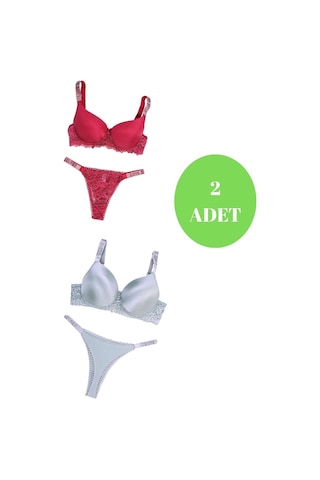Murays Kadın 2 Li Taşlı Sütyen Takım Kırmızı/yeşil