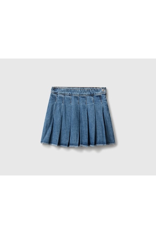 Benetton Kız Çocuk Pileli Yanı Fermuarlı Diz Üstü Denim Etek Mavi