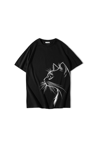 Brz Collectıon Brz Collection Unisex Oversize Midnight Cat T-shirt Siyah