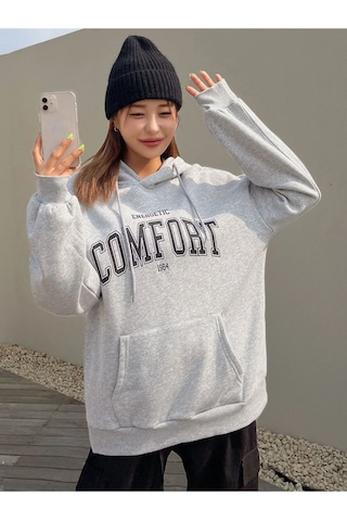 Altamira Unisex Gri Comfort Baskılı Oversize Kapşonlu Sweatshirt 001