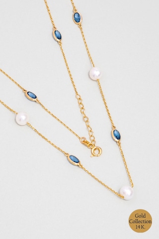 Doğal İnci Işıltısı 14 Ayar 45 Cm Sarı Altın Kolye Mavi