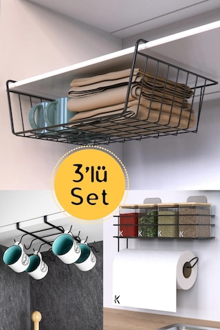 Karteya 3'lü Avantajlı Set Kanguru, 10 Kancalı Kupa Askılığı, Havlulu Raf Siyah Set Siyah