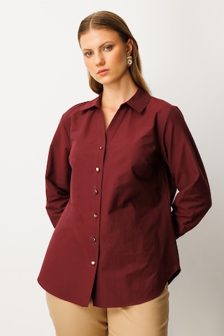 Ekol Kadın Büyük Beden Önü Düğmeli Polo Yaka Gömlek 3549 Bordo Bordo