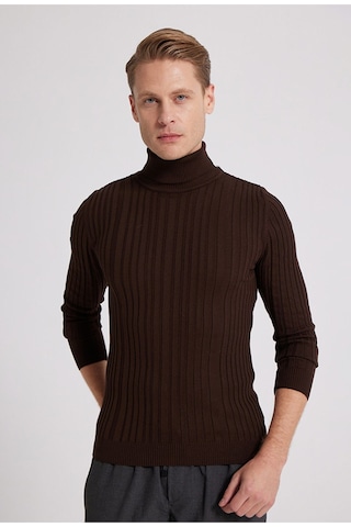D'S Damat Slim Fit Fitilli Pamuk Karışımlı Boğazlı Triko Erkek Kazak - Kahverengi 5HF06ORT63100 Kahverengi