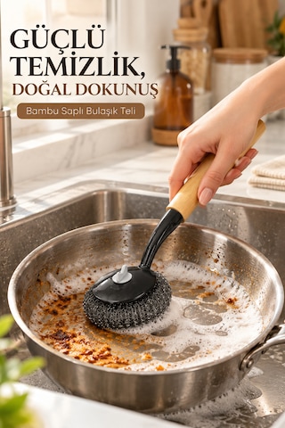 Porsima Bambu Saplı 2'li Bulaşık Ve Lavabo Temizlik Seti - Değiştirilebilir Paslanmaz Tel Bulaşık Fırçası & Çok Amaçlı Yıkama Fırçası Siyah