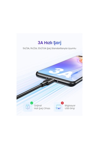 Ugreen Usb-c - Usb-a 3a Qc Hızlı Şarj Kablosu, 2 M, Siyah, 60118