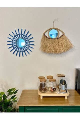 Rafya Ayna 40 Cm Alaçatı Mavisi Rattan Ahşap Yarım Göz Ayna El Yapımı Hediyelik Duvar Dekoru Ayna