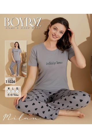Boyraz Slim Fit Dar Kesim Kadın Milan Bisiklet Yaka Kısa Kol Pijama Takımı 11026g - 1 Adet Gri