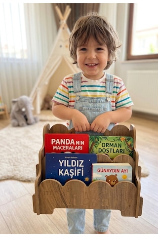 Montessori Ahşap Çocuk Kitaplık Kahverengi Eğitici Ve Dekoratif Tasarım My Library Kahverengi