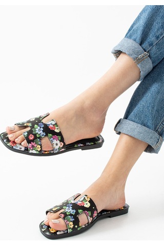 Dabab Shoes Florısa Kadın Çiçek Desenli H Bantlı Siyah Düz Taban Yazlık Terlik