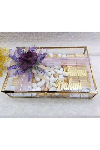 Metal Cam Kutuda Süslü Mor Çiçekli Nişan Çikolatası 80 Adet