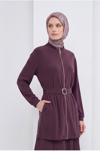 Armine Trend Boydan Fermuarlı Beli Kemerli Pantolonlu İkili Takım Mürdüm 26yt6138