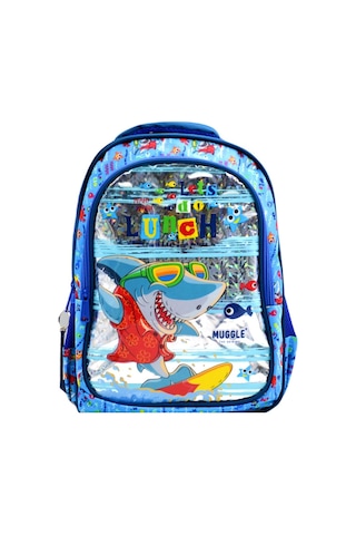 Muggle 2 Bölmeli Cute Shark Mavi Okul Sırt Çantası Mu-0044